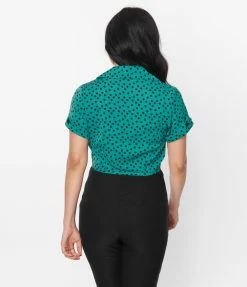 Unique Vintage Teal Polka Dot Shirley Crop Top