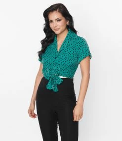 Unique Vintage Teal Polka Dot Shirley Crop Top