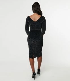 Unique Vintage Black Tiger Embossed Velvet Jaqueline Pencil Dress Clothing