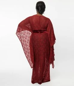 Unique Vintage Plus Size Burgundy Floral Lace Desmond Caftan Dress Clothing