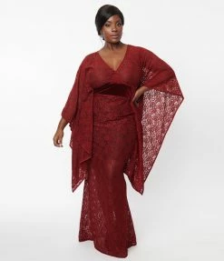 Unique Vintage Plus Size Burgundy Floral Lace Desmond Caftan Dress Clothing