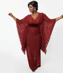 Unique Vintage Plus Size Burgundy Floral Lace Desmond Caftan Dress Clothing