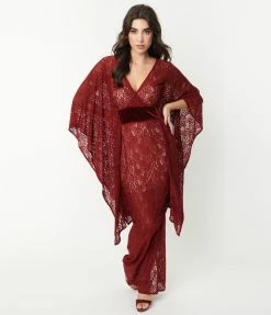 Unique Vintage Burgundy Floral Lace Desmond Caftan Dress Clothing