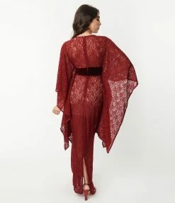 Unique Vintage Burgundy Floral Lace Desmond Caftan Dress Clothing