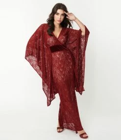 Unique Vintage Burgundy Floral Lace Desmond Caftan Dress Clothing