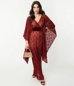 Unique Vintage Burgundy Floral Lace Desmond Caftan Dress Clothing