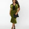 Unique Vintage Plus Size Moss Ribbed Velvet Holloway Wiggle Dress