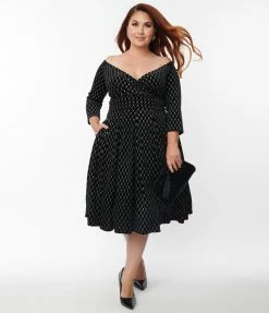Unique Vintage Plus Size Black Velvet & Glitter Diamond Marceline Swing Dress Clothing