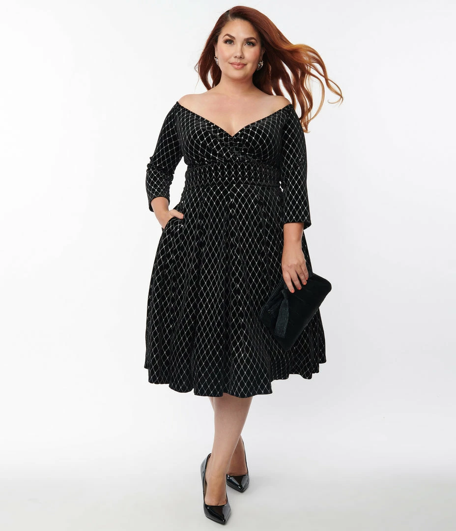 Unique Vintage Plus Size Black Velvet & Glitter Diamond Marceline Swing Dress Clothing