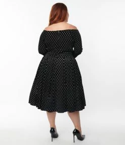 Unique Vintage Plus Size Black Velvet & Glitter Diamond Marceline Swing Dress Clothing