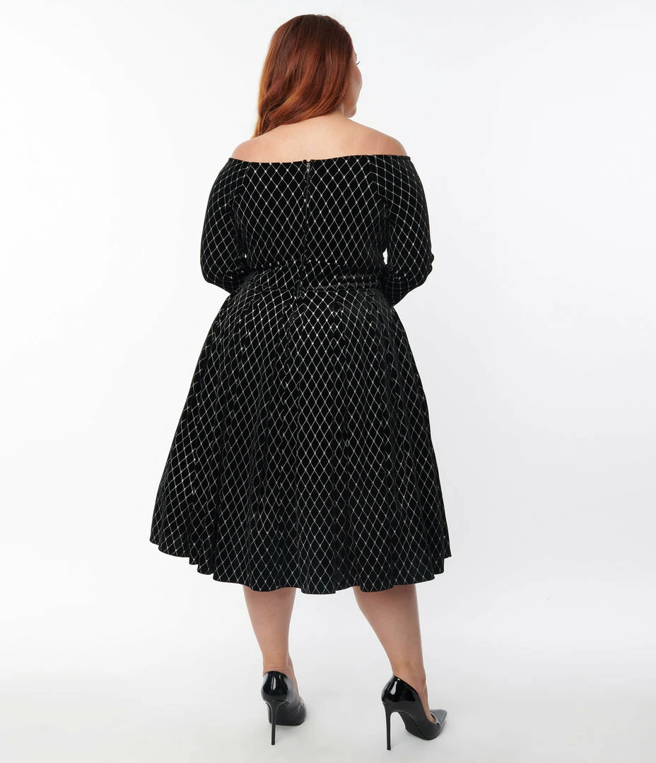 Unique Vintage Plus Size Black Velvet & Glitter Diamond Marceline Swing Dress Clothing