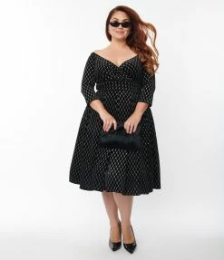 Unique Vintage Plus Size Black Velvet & Glitter Diamond Marceline Swing Dress Clothing