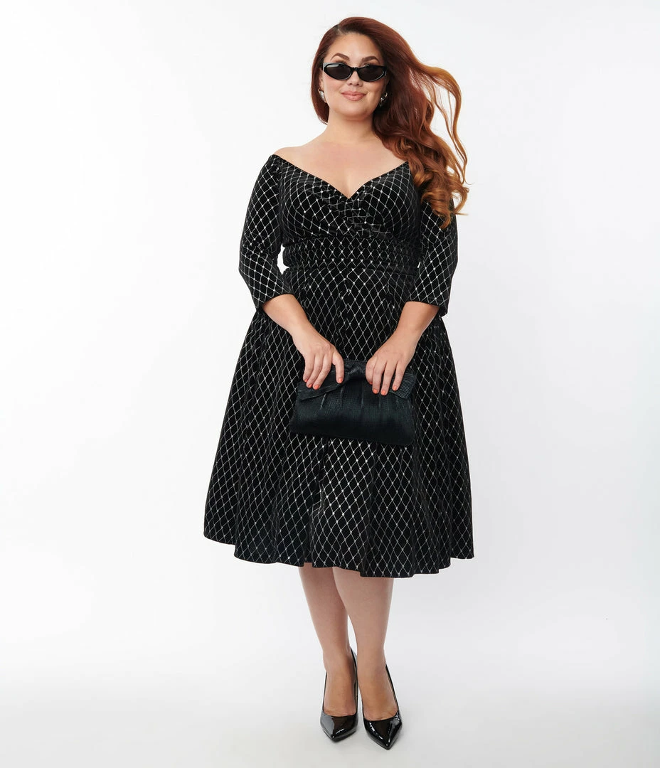 Unique Vintage Plus Size Black Velvet & Glitter Diamond Marceline Swing Dress Clothing