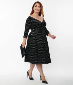 Unique Vintage Plus Size Black Velvet & Glitter Diamond Marceline Swing Dress Clothing