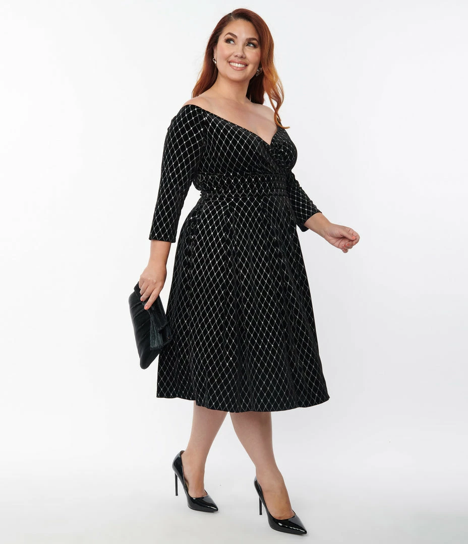 Unique Vintage Plus Size Black Velvet & Glitter Diamond Marceline Swing Dress Clothing