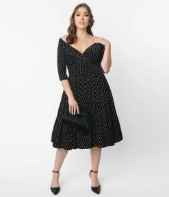 Unique Vintage Black Velvet & Glitter Diamond Marceline Swing Dress New Arrivals!