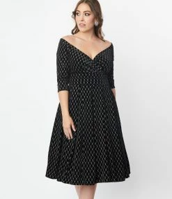 Unique Vintage Black Velvet & Glitter Diamond Marceline Swing Dress New Arrivals!