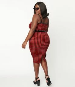 Unique Vintage Plus Size Red & Black Gingham Corset Ellison Wiggle Dress