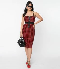 Unique Vintage Red & Black Gingham Corset Ellison Wiggle Dress