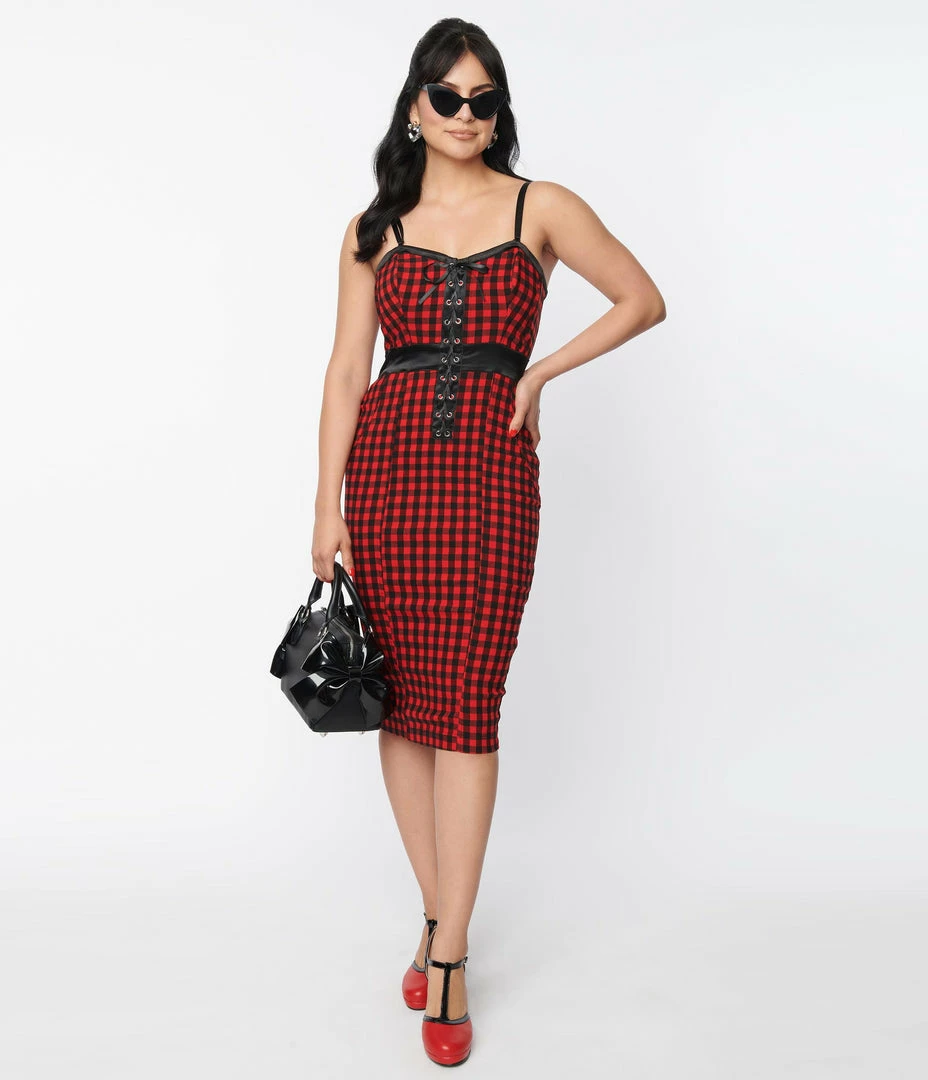 Unique Vintage Red & Black Gingham Corset Ellison Wiggle Dress