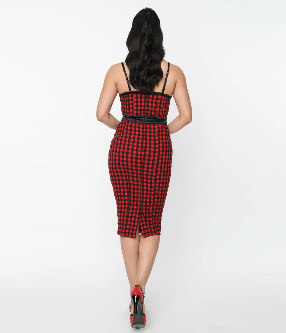 Unique Vintage Red & Black Gingham Corset Ellison Wiggle Dress