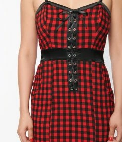 Unique Vintage Red & Black Gingham Corset Ellison Wiggle Dress