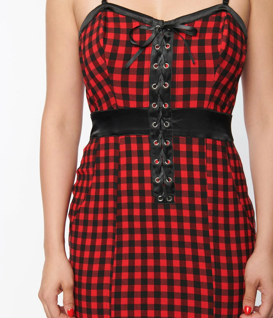 Unique Vintage Red & Black Gingham Corset Ellison Wiggle Dress