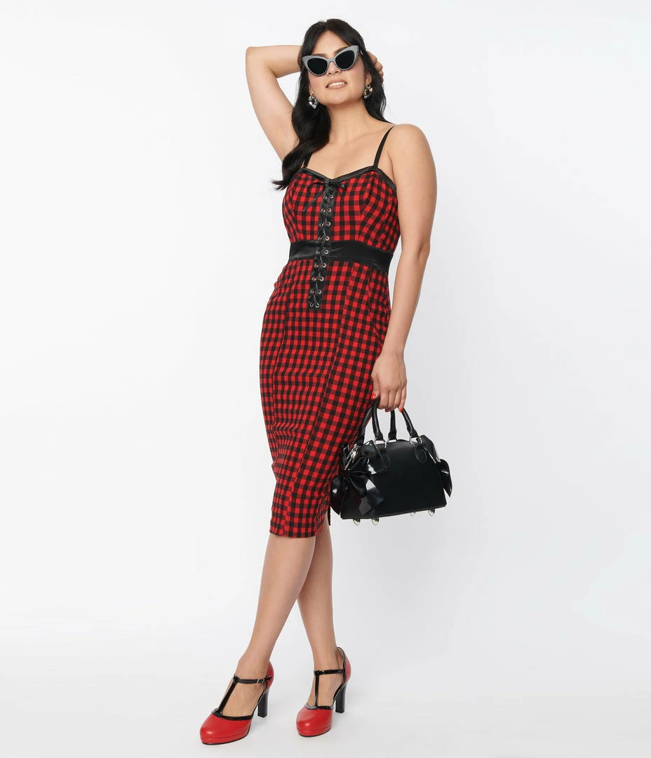 Unique Vintage Red & Black Gingham Corset Ellison Wiggle Dress