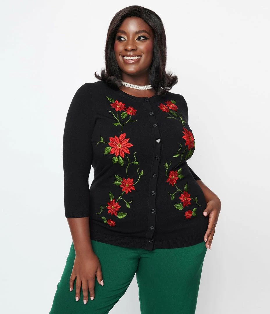 Clothing Unique Vintage Plus Size Black & Red Embroidered Poinsettia Bookworm Cardigan