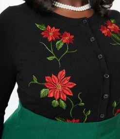 Clothing Unique Vintage Plus Size Black & Red Embroidered Poinsettia Bookworm Cardigan