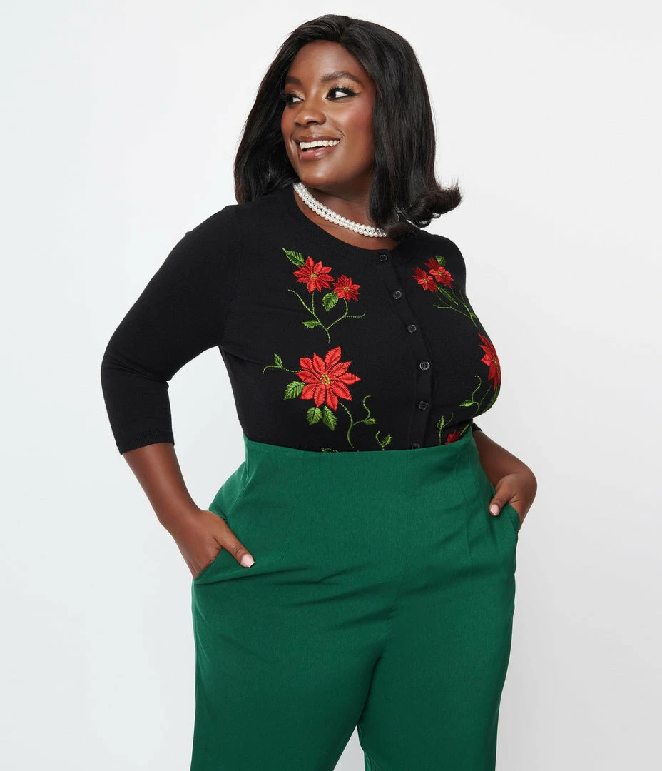 Clothing Unique Vintage Plus Size Black & Red Embroidered Poinsettia Bookworm Cardigan