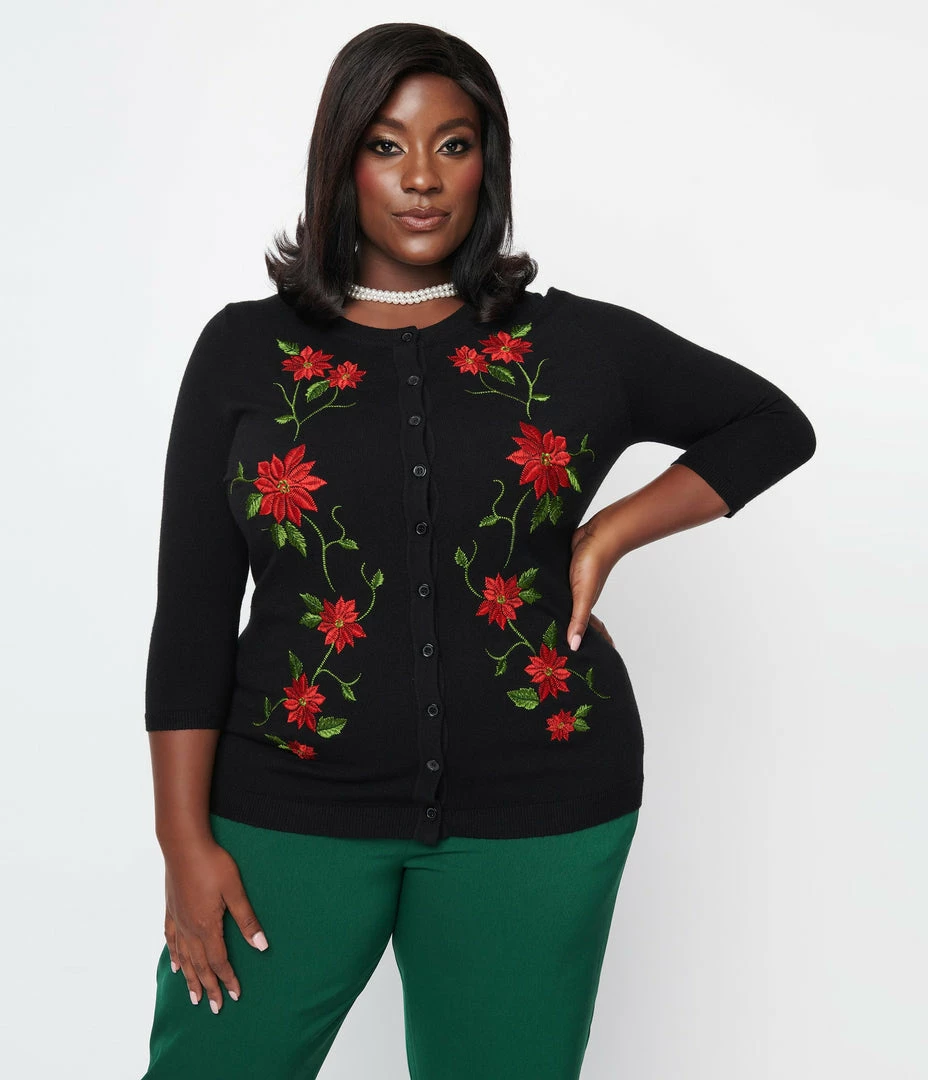 Clothing Unique Vintage Plus Size Black & Red Embroidered Poinsettia Bookworm Cardigan