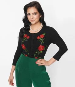 Unique Vintage Black & Poinsettia Embroidered Bookworm Cardigan