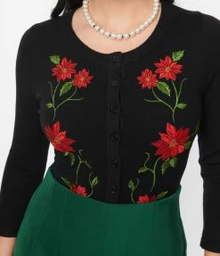 Unique Vintage Black & Poinsettia Embroidered Bookworm Cardigan