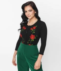 Unique Vintage Black & Poinsettia Embroidered Bookworm Cardigan