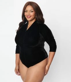 Unique Vintage Plus Size Black Velvet Gathered Neckline Friday Night Bodysuit New Arrivals!