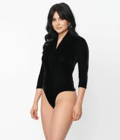 New Arrivals! Unique Vintage Black Velvet Gathered Neckline Friday Night Bodysuit