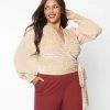 Unique Vintage Plus Size Beige Velvet Stripe Giselle Wrap Top