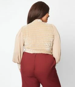 Unique Vintage Plus Size Beige Velvet Stripe Giselle Wrap Top
