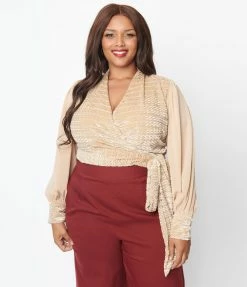 Unique Vintage Plus Size Beige Velvet Stripe Giselle Wrap Top