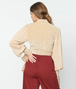 New Arrivals! Unique Vintage Beige Velvet Stripe Giselle Wrap Top