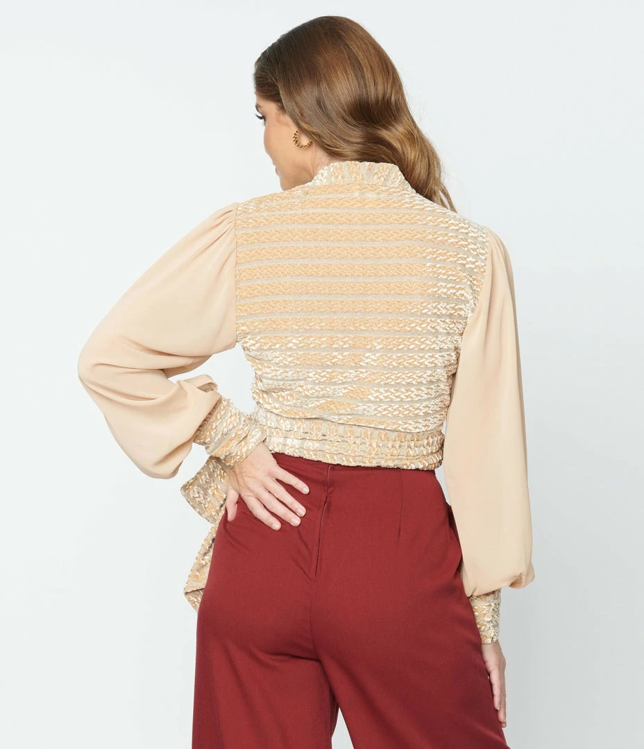 New Arrivals! Unique Vintage Beige Velvet Stripe Giselle Wrap Top