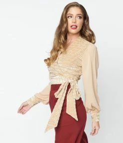 New Arrivals! Unique Vintage Beige Velvet Stripe Giselle Wrap Top