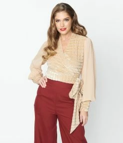 New Arrivals! Unique Vintage Beige Velvet Stripe Giselle Wrap Top