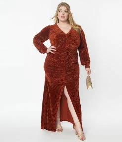 Unique Vintage Plus Size Rust Embossed Velvet Barrie Maxi Dress