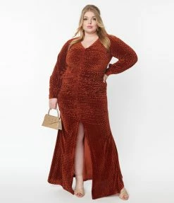 Unique Vintage Plus Size Rust Embossed Velvet Barrie Maxi Dress