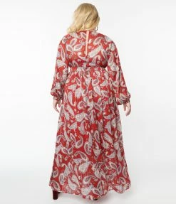 Trending Unique Vintage Plus Size Burgundy Paisley Buttercup Maxi Dress