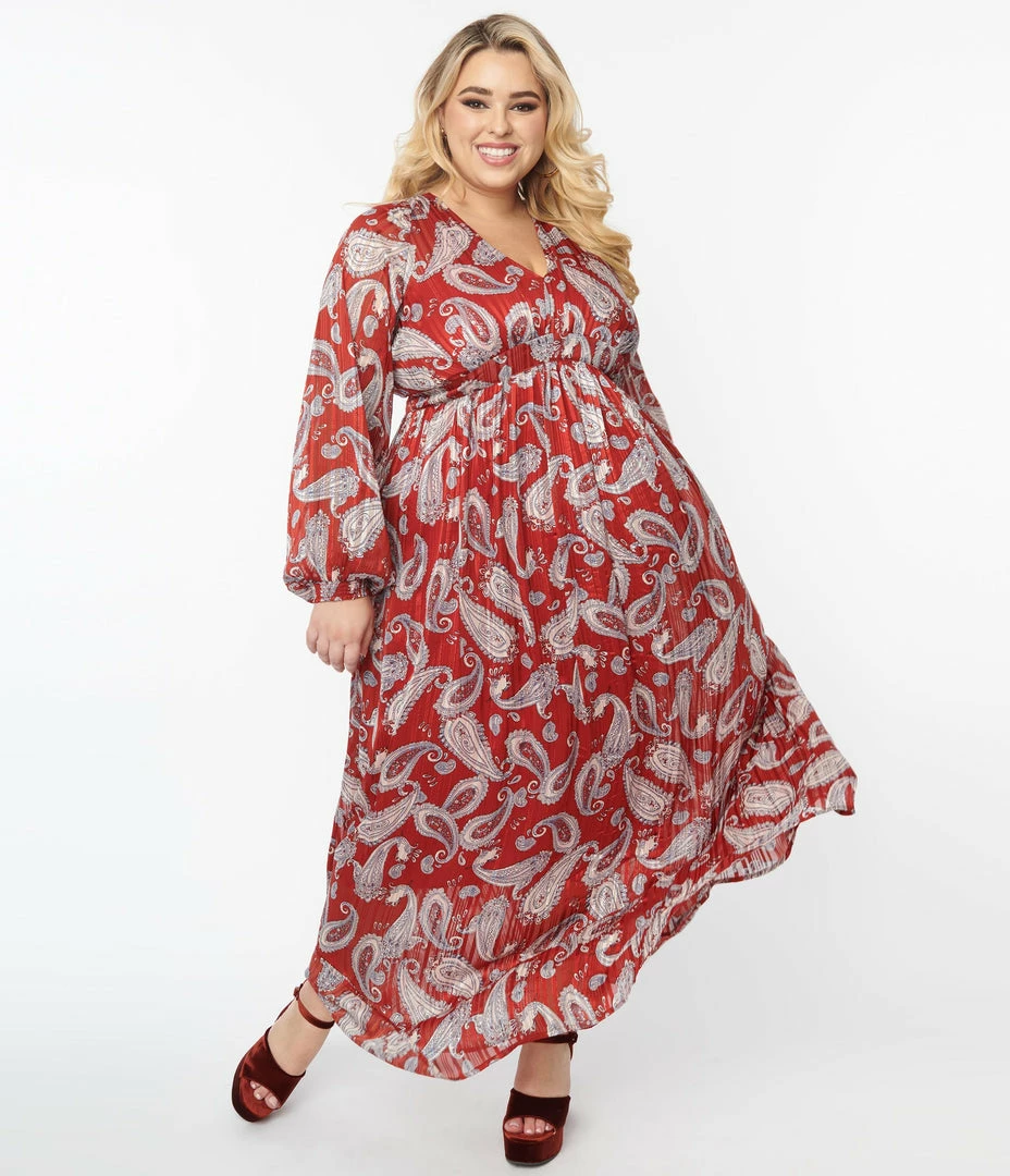 Trending Unique Vintage Plus Size Burgundy Paisley Buttercup Maxi Dress