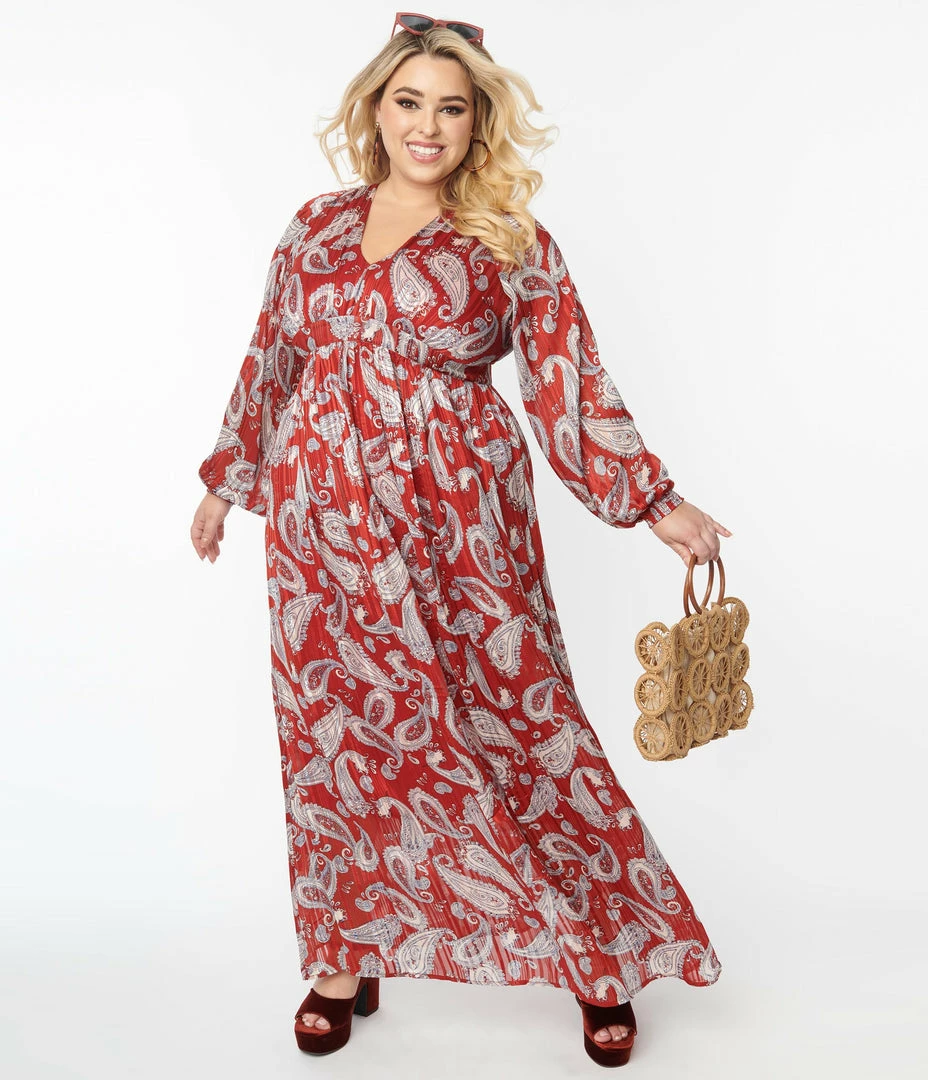 Trending Unique Vintage Plus Size Burgundy Paisley Buttercup Maxi Dress