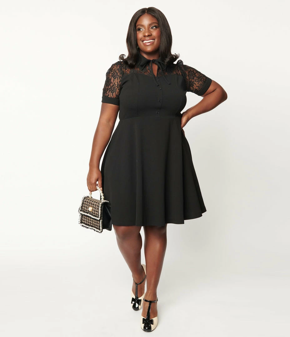 Unique Vintage Plus Size Black Lace Fit & Flare Dress Clothing